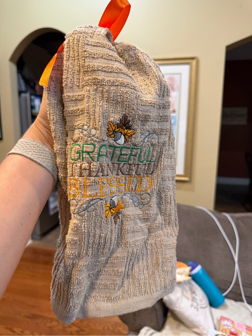 Grateful Thankful Blessed Beige Embroidered Hand Towel
